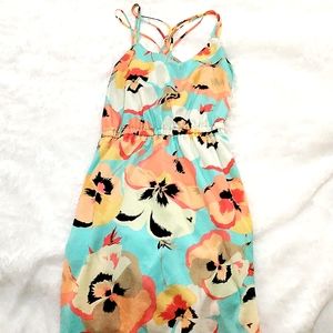 Hawaiian Flower print Teal, Peach and yellow mini cross back dress.